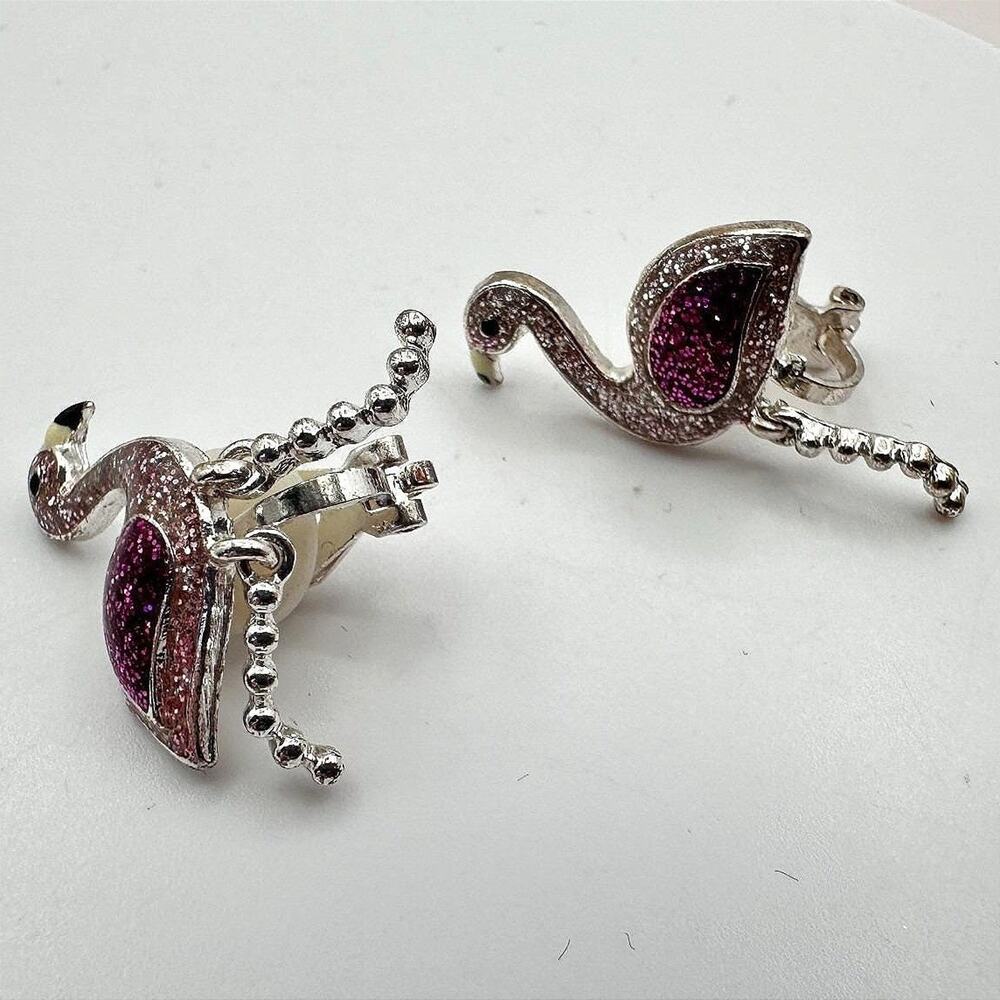 Vintage 90s Silver Tone Pink & Purple Glitter Flamingo Earrings Fashion Jewelry